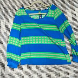 Blue, green and tan color blocking blouse